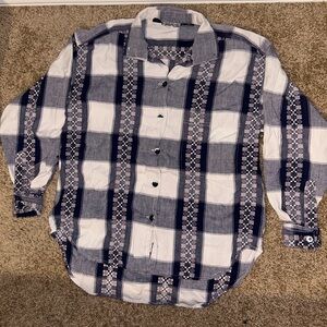 Vintage Krazy Kat Blue & White Aztec Pattern Plaid Button Up Shirt Size S |A111